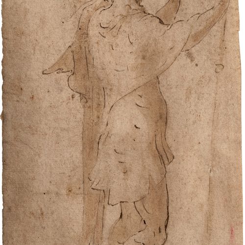 Parmigianino, Francesco - Schule 学校。拿着手杖的圣雅各布老人。

棕色的钢笔水墨画，棕色的水洗，在背面用红色粉笔画了同一人物的&hellip;