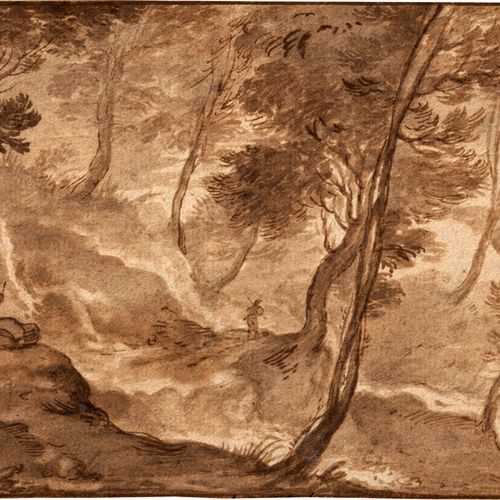 Fouquier, Jacques 有徒步旅行者的森林景观。

笔墨和毛笔画，褐色，灰褐色水洗。13,8 x 20,9 厘米。背面有黑色粉笔写的 "Claude&hellip;