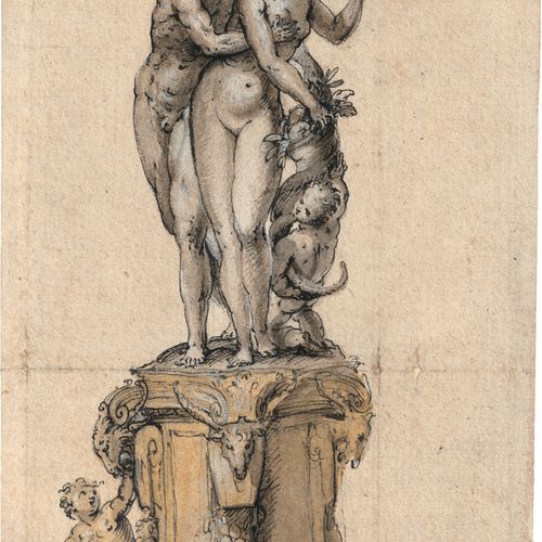 Nürnberg Vertumnus和Pomona在一个有公羊头的底座上：雕像设计。

黑色、灰褐色和赭色水洗的钢笔水墨画，装裱。17,2 x 11,8 cm。&hellip;