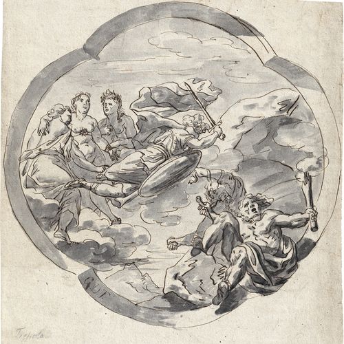 Süddeutsch 18th c. Allegorical depiction with furor in a quatrefoil.

Pen and br&hellip;