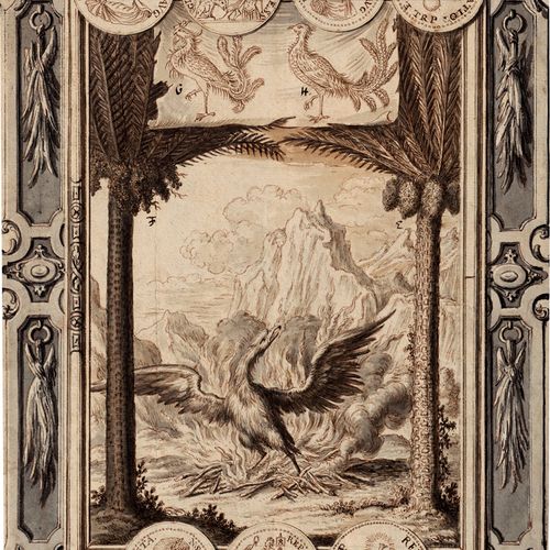 Füßli, Johann Melchior 重生的凤凰作为基督教灵魂的象征--约伯说的素描，来自约翰-雅各布-谢赫泽的《物理学》。

棕色的笔墨画，灰色和棕色&hellip;