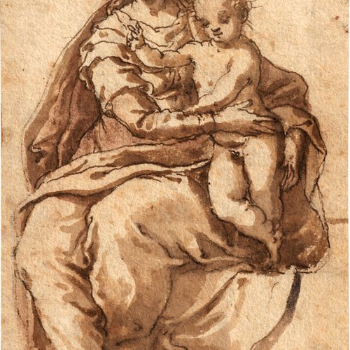 Marchetti, Marco - zugeschrieben 归属。圣母与孩子，坐着。

棕色、棕色和红棕色水洗的钢笔水墨画。12,3 x 7,3 厘米。背&hellip;