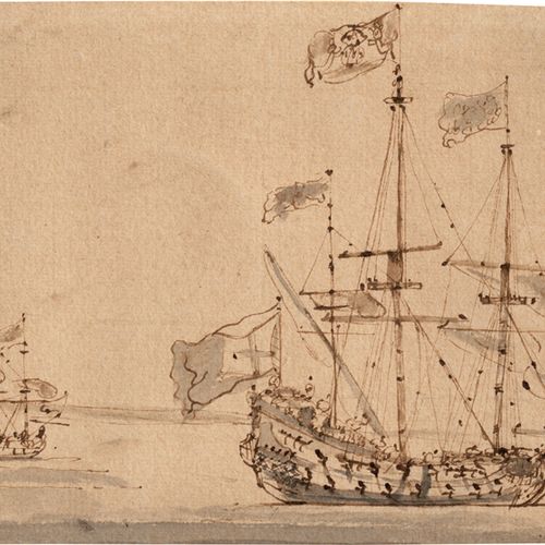 Velde d. J., Willem van de 在平静的海面上，两艘挂着英国战旗的军舰。

棕色的钢笔水墨画，灰色水洗。12,7 x 18 厘米。