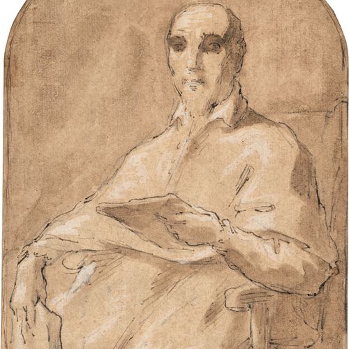 Italienisch 17世纪。坐着的红衣主教。

在黑色粉笔上用黑色的笔墨画，棕色水洗，用白色增高。23,1 x 17,4厘米。