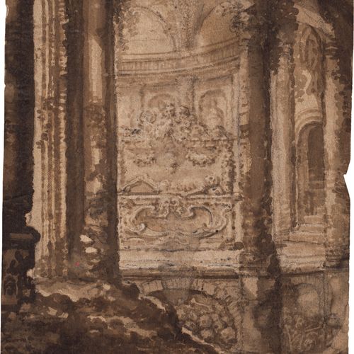 Italienisch 18. Jh. Blick in eine ruinöse Kapelle mit Sarkophag, im Sockelgescho&hellip;