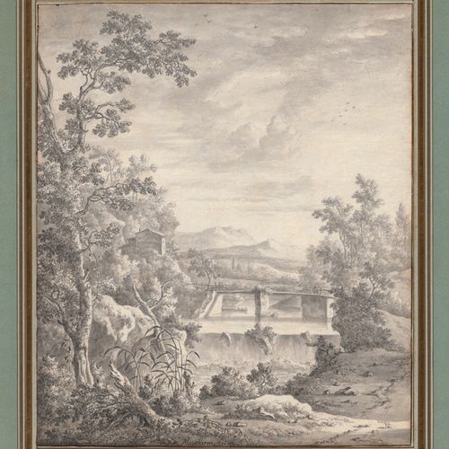 Moucheron, Frederik de Wide southern landscape with a small waterfall, in front &hellip;