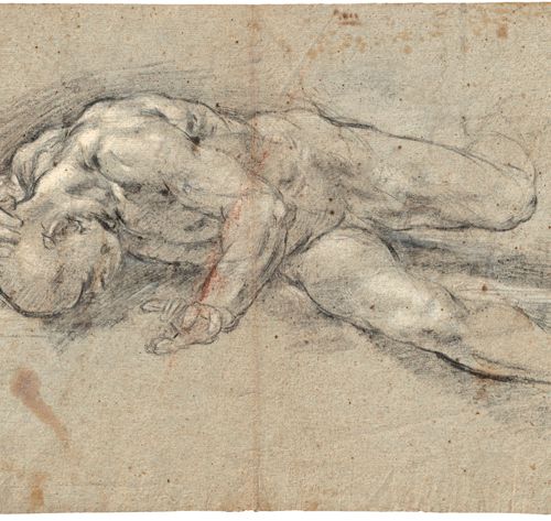 Cavedone, Giacomo - zugeschrieben 归于。躺着的、蠕动的男性裸体。

黑色粉笔，用白色提亮，有红色粉笔的痕迹，在绿色的手工纸上。&hellip;