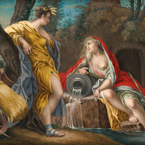 Deutsch 夏天的寓意：春天的仙女Arethusa告诉Ceres她女儿Proserpina的下落。

水粉画在牛皮纸上，装在木头上。16.2 x 19.8厘&hellip;