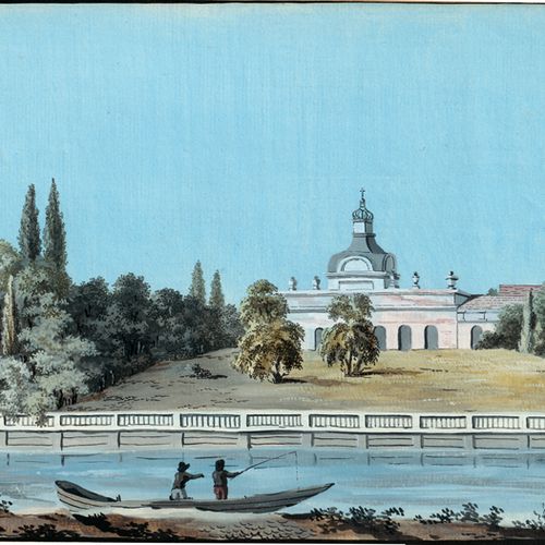Deutsch 18世纪初，施普雷河对面的蒙比尤宫的景色。

水彩画和水粉画。20,5 x 30,8厘米。背面纸板上有一个旧的印刷标签和棕色钢笔的题词 "2te&hellip;