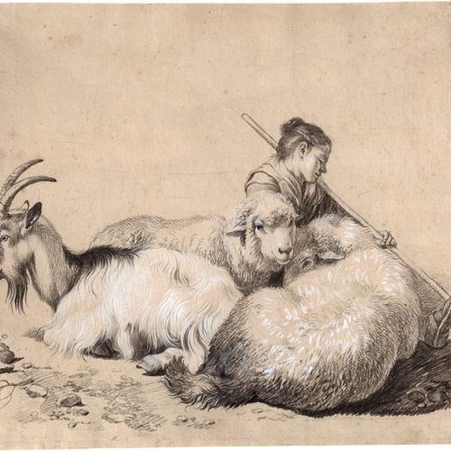 Londonio, Francesco 睡着的牧羊女与山羊和两只绵羊。

棕色纸上的黑白粉笔。28,7 x 29,7厘米。