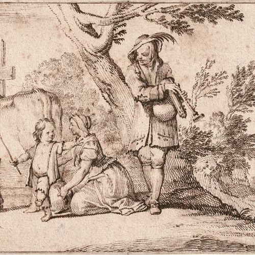 Französisch 17世纪，一个牧羊人家庭与风笛手。

棕色的钢笔水墨画。11,6 x 17,7厘米。