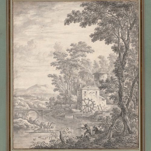 Moucheron, Frederik de 广阔的南方风景，有一个小瀑布，前面是一个徒步旅行者与一个绘画艺术家交谈；南方风景，有一个水磨，前面是两个猎人在打鸭&hellip;