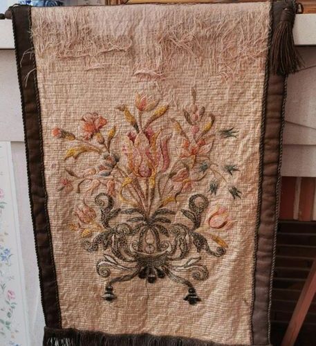 Null Two PROCESSION BANNERS embroidered in silk threads, one of a bouquet on a c&hellip;