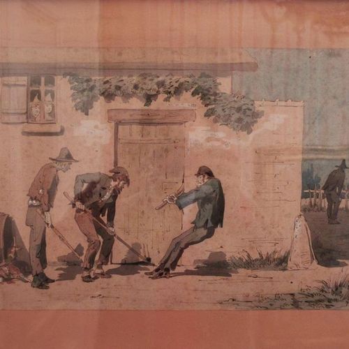 Null Septime LE PIPPRE (1833-1871) 开门，旺代战争的情节，Chouans的水彩。 高28.5厘米，宽44厘米。 联合：盖-朗格&hellip;