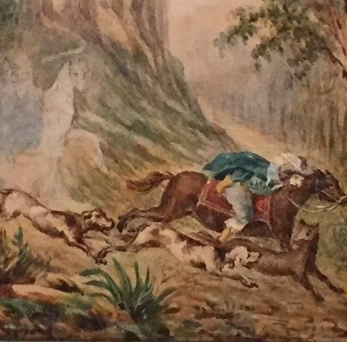 Null Jehanne GONDOUIN (1851-1942) 带着猎犬对着城堡打猎。 水彩画，背面有Jehanne Gondouin送给她孙子Yves d&hellip;