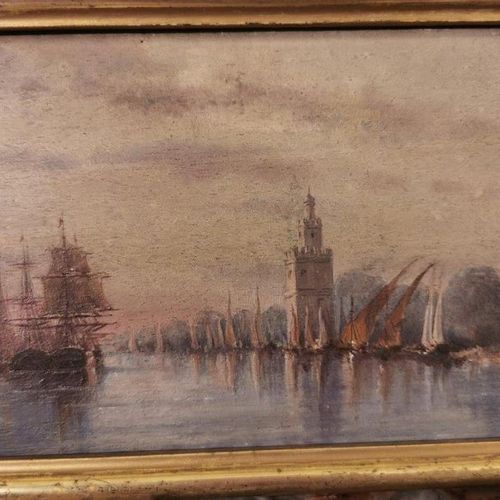 Null 19世纪的法国学校，以费利克斯-齐姆的品味。 河流港口场景。 小组。 高12.5厘米，宽32厘米。