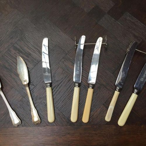 Null 在客厅厨房的抽屉里有一套银质金属制品，包括：一套带角柄的刀，刀架，餐具架，捕鱼刀具，船架，刀具，垫圈，船架，甜点刀具。