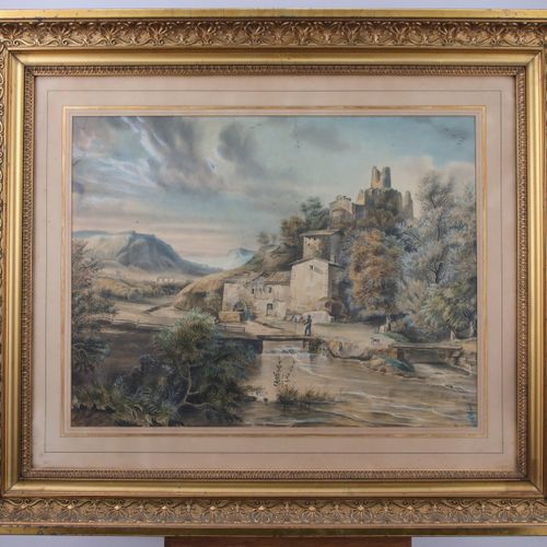 Null DUBAC Paysage au moulin, 1833 Aquarelle signée et datée 1833. Haut. 41, Lar&hellip;