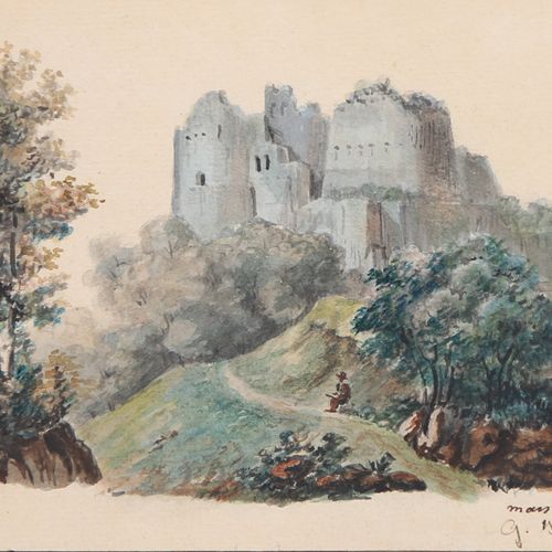 Null GEORGE SAND (Paris 1804-Nohan 1876) Paysage animé au château en ruine Aquar&hellip;
