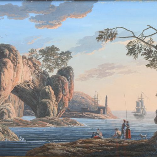 Null ÉCOLE FRANÇAISE VERS 1800 Paysage côtier Gouache. Haut. 29, Larg. 45 cm.