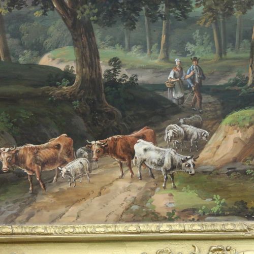 Null ÉCOLE SUISSE DU XIXe Vaches près d'un pont Gouache. Haut. 59,5, Larg. 81 cm&hellip;