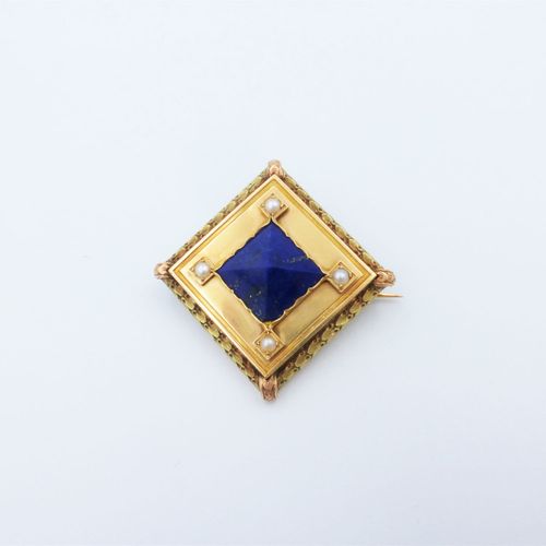 Null Broche XIXe s., 2 ors sertie d'une pyramide de lapis lazuli et de demi-perl&hellip;