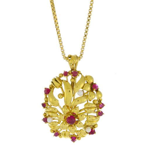 Null Broche-pendentif or 750 sertie de rubis taille cabochon et de perles de cul&hellip;