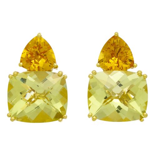 Null Paire de clips d'oreilles or 750 sertis de quartz lemon taille coussin surm&hellip;