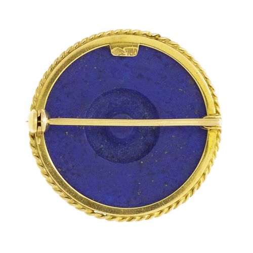 Null Broche or 750 sertie d'un cabochon rond de lapis-lazuli, h. 3 cm