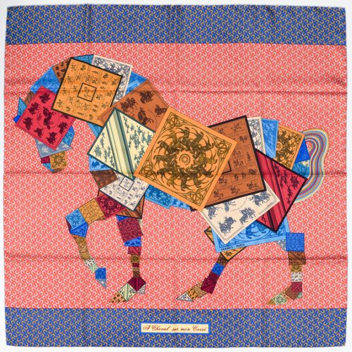 Null Hermès, carré en twill de soie imprimé: À cheval sur mon carré, bord bleu, &hellip;