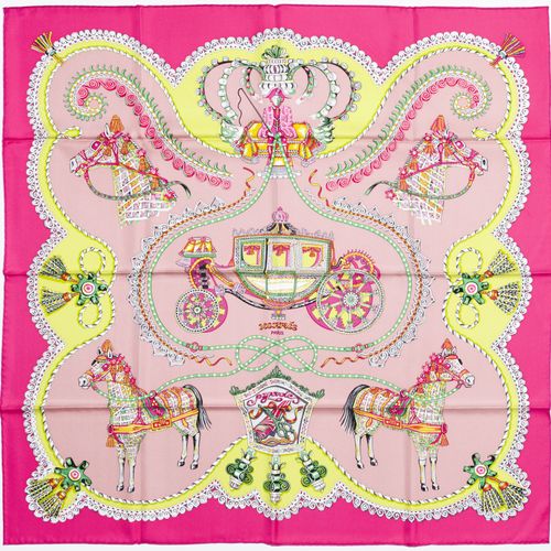 Null Hermès, carré en twill de soie imprimé: Paperoles, bord rose vif, 90x90 cm