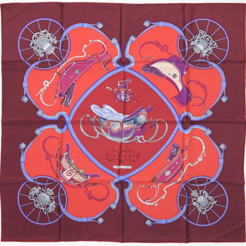 Null Hermès, carré en twill de soie imprimé: Springs, bord bordeaux, 90x90 cm