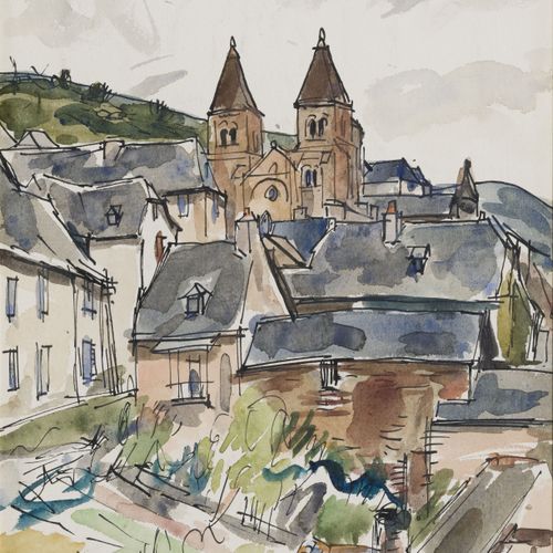 Null 
Takanori Oguiss (1901-1986), "
Conques, Clochers de Sainte-Foy", aquarelle&hellip;
