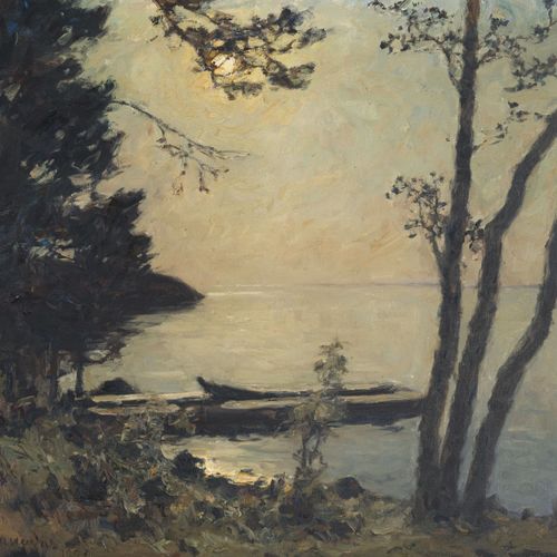 Null Ecole du Nord du XXe s., Crépuscule et lac, 1920, huile sur toile, signée e&hellip;