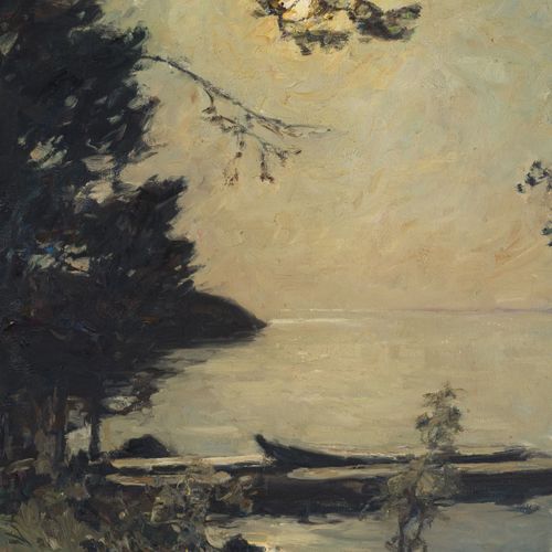 Null Ecole du Nord du XXe s., Crépuscule et lac, 1920, huile sur toile, signée e&hellip;