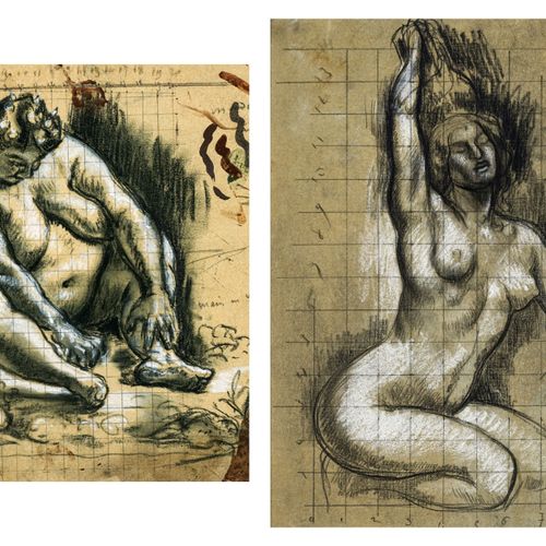 Null René Piot (1869-1934), Etudes de nus, 2 dessins au fusain rehaussés de crai&hellip;