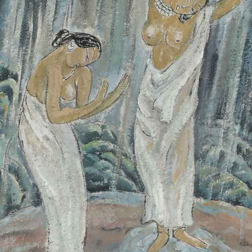 Null Ecole balinaise du début du XXe s., Femmes à la cascade, huile sur toile, s&hellip;