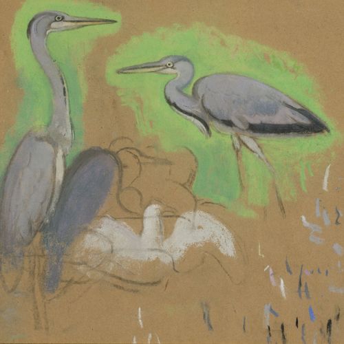 Null Simon-Albert Bussy (1870-1954), Hérons cendrés, pastel sur papier, 22,5x24,&hellip;