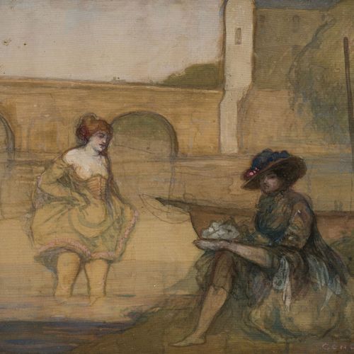 Null Charles Edward Conder (1868-1909), Le Pont, gouache sur soie, signée, 16x19&hellip;