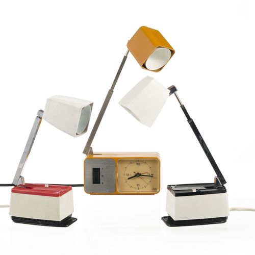 Null 3 Solis-Schreibtischlampen, um 1980, aus weißem, rotem und gelbem Kunststof&hellip;