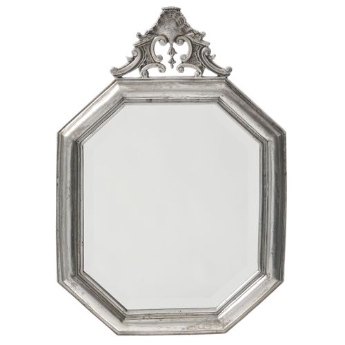 Null Miroir, XXe s., en bois teinté argent de forme octogonale et sommé d'un élé&hellip;