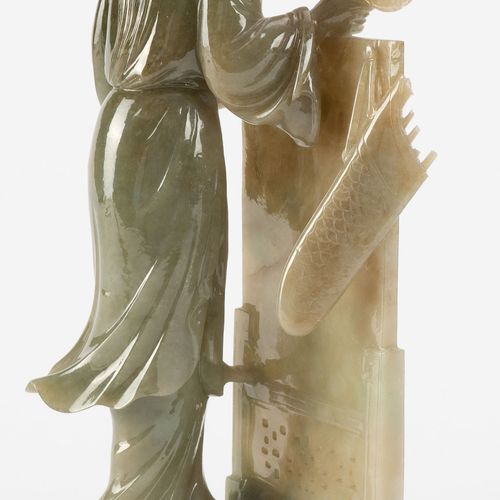 Null Femme à l'éventail avec écran de table, sculpture en jade, Chine, sur socle&hellip;
