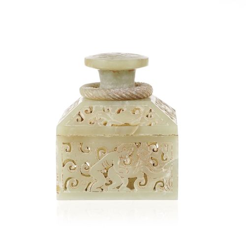 Null A partially openwork jade seal, China, decorated with erotic scenes, animal&hellip;