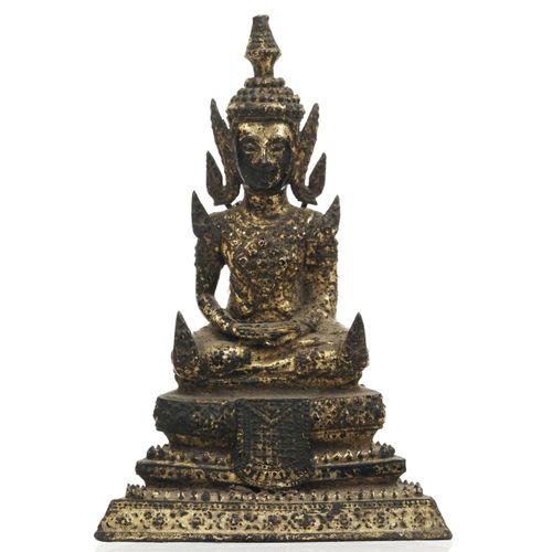 Null Bouddha assis en bronze laqué et doré, Thaïlande, Rattanakosin, sur un piéd&hellip;