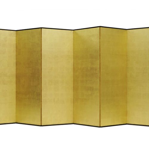 Null Paravent à six volets, Japon, XIXe s., à fond appliqué de feuilles d'or, 17&hellip;