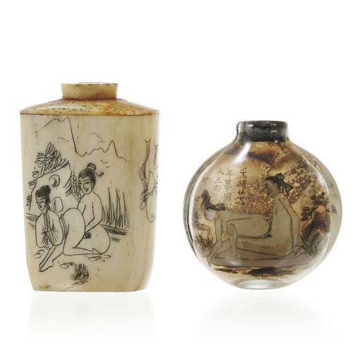 Null 2 flacons à priser dont un en verre et un en os, Chine, XIX-XXe s., décor d&hellip;
