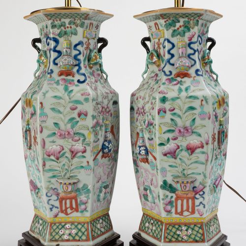 Null 2 famille rose porcelain table lamp vases, China, 19th century, partially d&hellip;