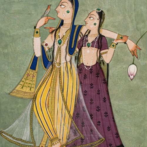 Null Deux femmes à l'oiseau, peinture sur papier, Inde, probablement époque du R&hellip;