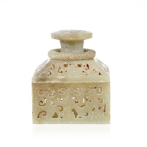 Null A partially openwork jade seal, China, decorated with erotic scenes, animal&hellip;