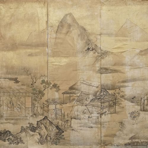 Null A large painting on paper mounted on 7 panels, Japan, Meiji period, decorat&hellip;